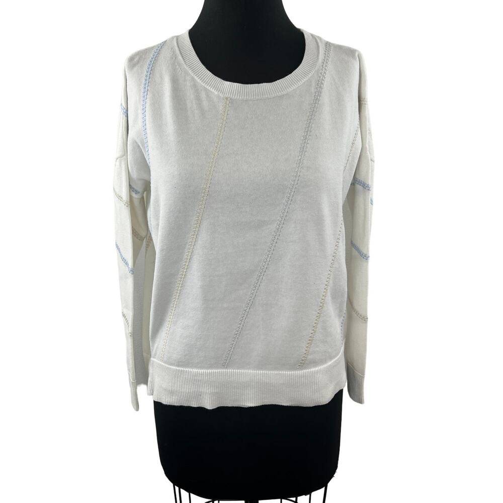 LISA TODD White Blue Sweater Striped Cotton Knit Ribbed Crew Neck Size Medium M